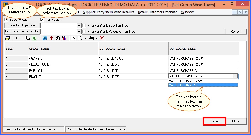 fmcg setup group wise taxes grid mode